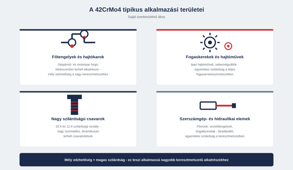 42CrMo4 alkalmazasi teruletei: fotengelyek es hajtokarok, fogaskerekek es hajtomuvek, nagy szilardsagu csavarok, szerszamgep- es hidraulikai elemek