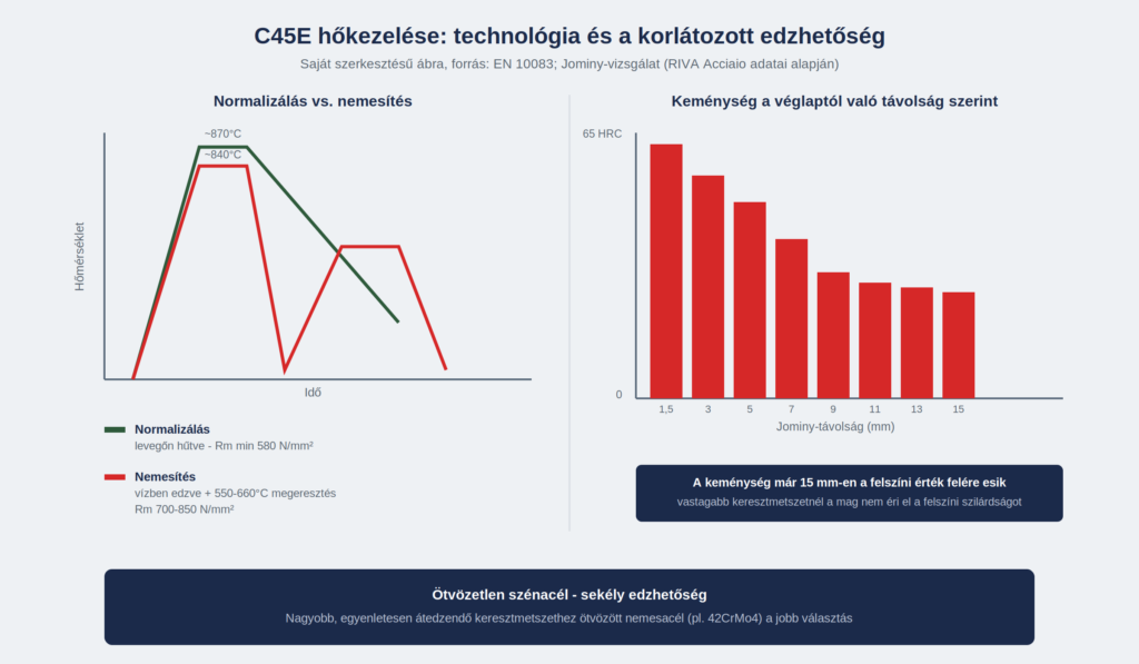 A C45E hokezelese: normalizalas es nemesites homerseklet-ido diagramja, valamint a Jominy-vizsgalat kemenyseg-tavolsag grafikonja