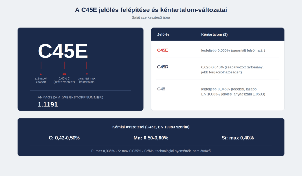 A C45E jeloles felepitese (C / 45 / E), anyagszama 1.1191, es a C45E/C45R/C45 kentartalom-valtozatai