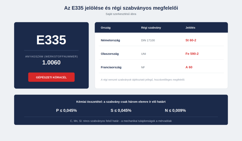 Az E335 jelolese, anyagszama 1.0060, es regi szabvanyos megfeleloi: St 60-2, Fe 590-2, A 60