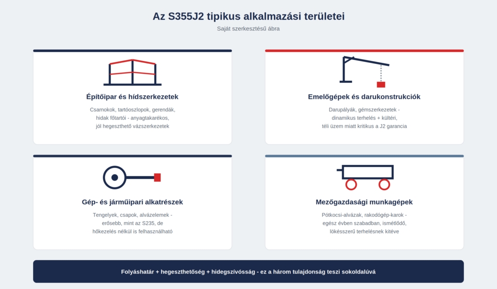 Az S355J2 szerkezeti acel tipikus alkalmazasi teruletei: epitoipar, emelogepek, gepipar, mezogazdasagi gepek